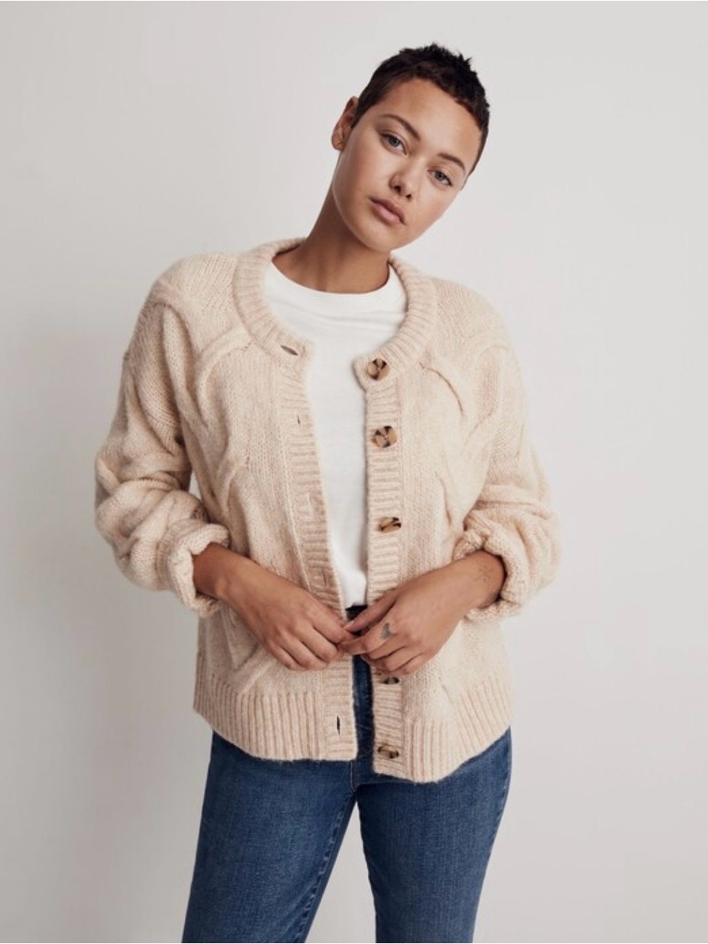 Madewell Cable Ashmont Cardigan Sweater in Heather Powder Size M